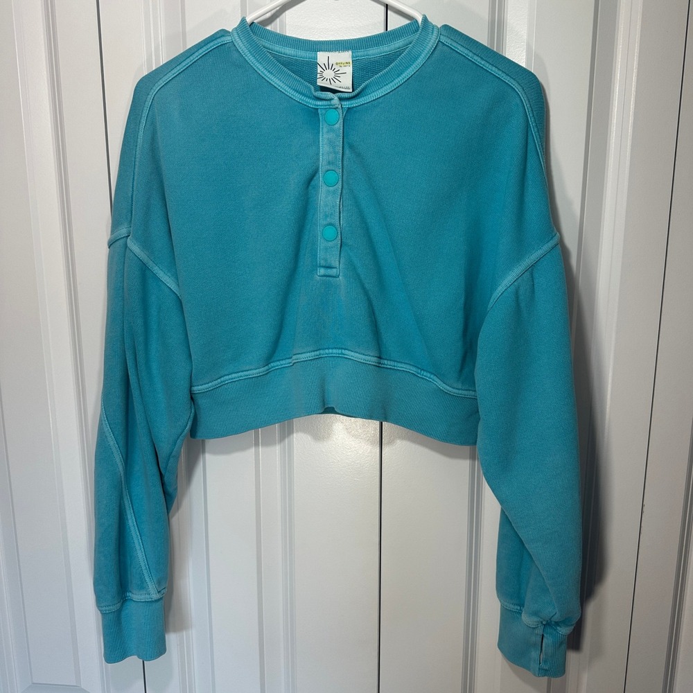 OFFLINE by Aerie Sweatshirt Throwback Snap Fleece XS Blue Henley Got Water Crop - Picture 2 of 6